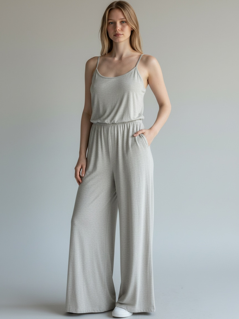 ANTISTAR Women's Tan Palazzo Jumpsuit Straight/Wide Leg Sleeveless Jersey XL